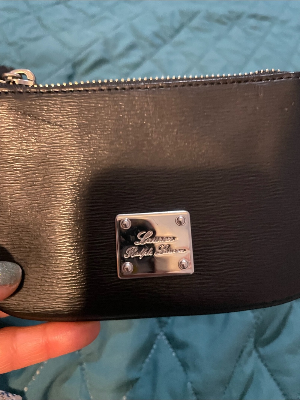 Lauren Ralph Lauren Black Leather Wristlet with Silver Plaque